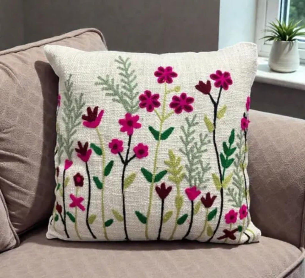 Embroidered Floral Throw Pillow Cover, Pink Flowers, Green Leaves, Cream Background, Decorative Cushion