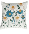 Handcrafted Floral Embroidered Throw Pillow Cover, White with Blue and Pink Flowers, Decorative Square Cushion Cover