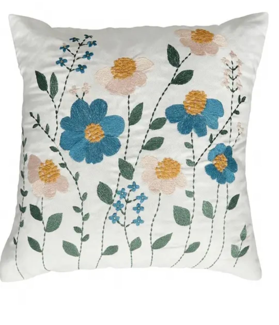 Handcrafted Floral Embroidered Throw Pillow Cover, White with Blue and Pink Flowers, Decorative Square Cushion Cover