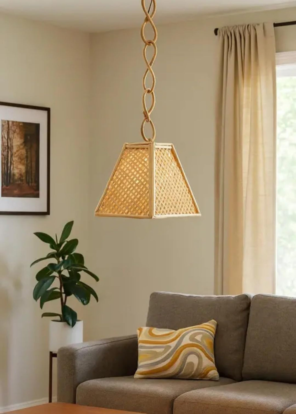 Gold Pendant Light with Lattice Shade, Twisted Chain, Pyramid Shape, Modern Hanging Fixture