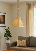 Gold Pendant Light with Lattice Shade, Twisted Chain, Pyramid Shape, Modern Hanging Fixture
