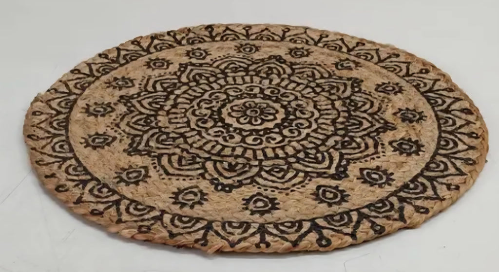 Round Jute Braided Rug with Mandala Print, Natural and Brown, Boho Style