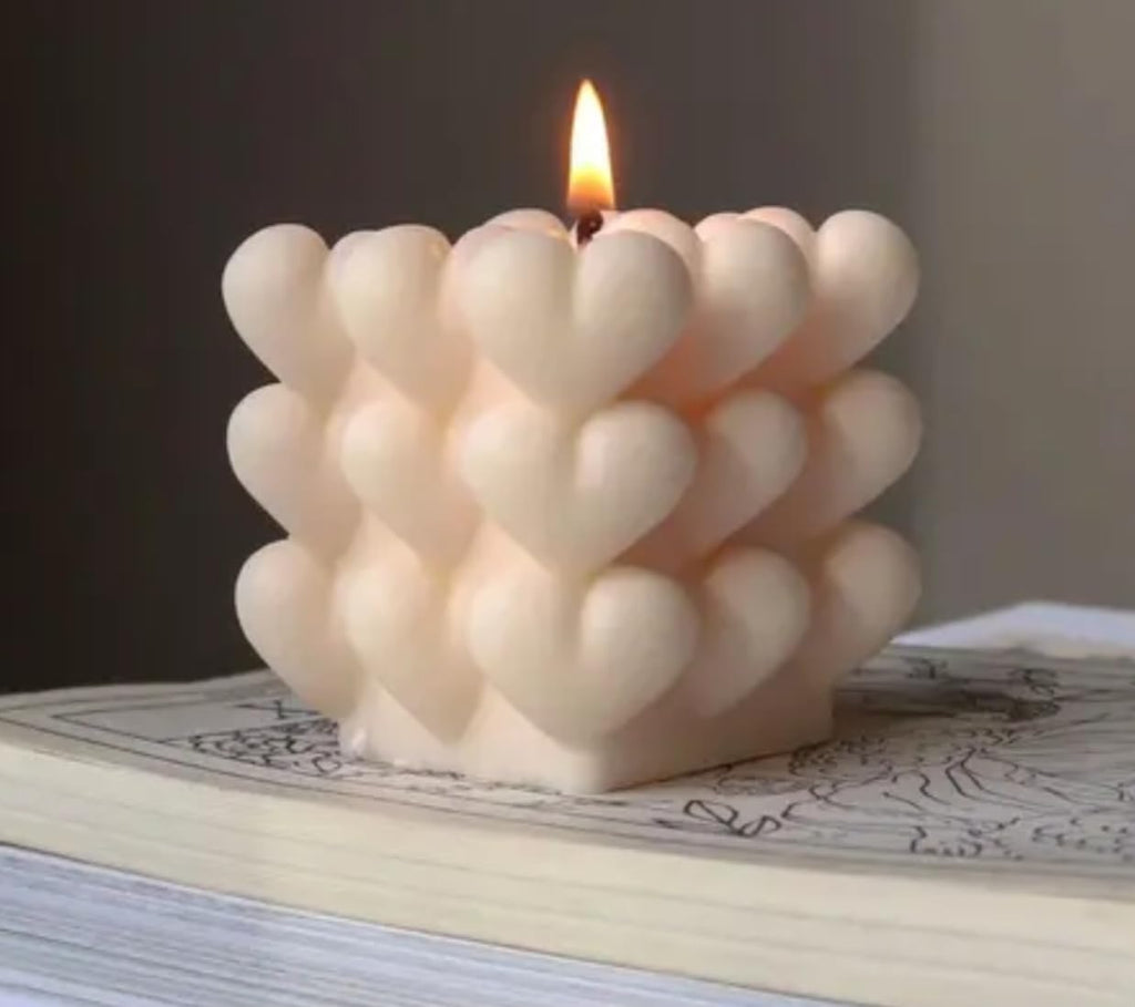 Decorative Heart Bubble Candle, White Soy Wax, Cube Shape, Modern Home Decor