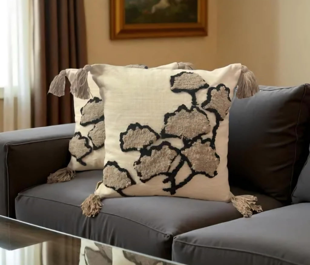 Embroidered Tree Throw Pillow Cover with Tassels, Cream and Beige, Decorative Cushion Cover for Sofa