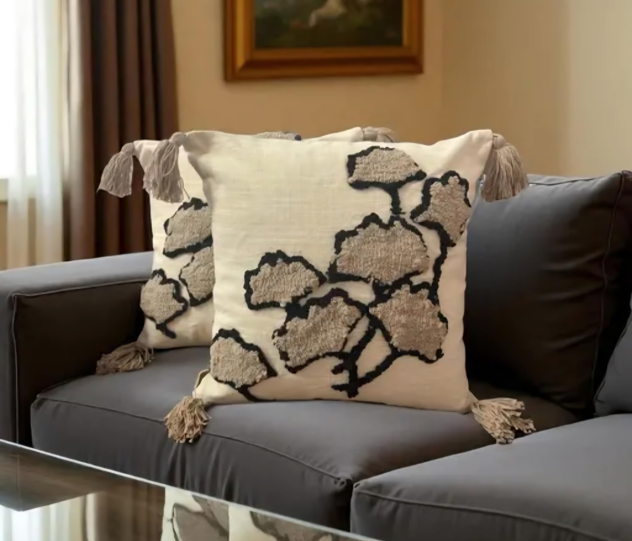 Embroidered Tree Throw Pillow Cover with Tassels, Cream and Beige, Decorative Cushion Cover for Sofa