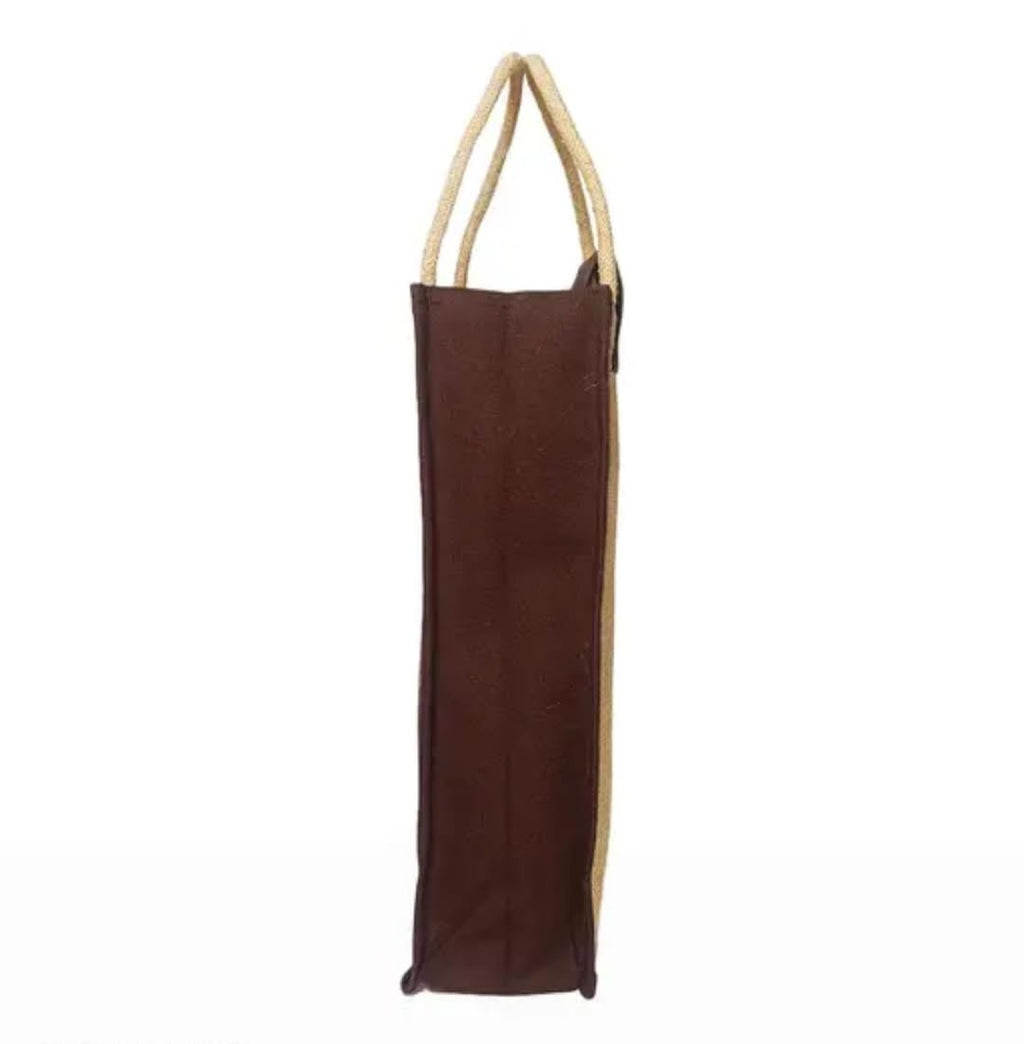 Jute Wine Bottle Bag with Warli Print, Rope Handle, Wooden Button Closure, Gift Tote