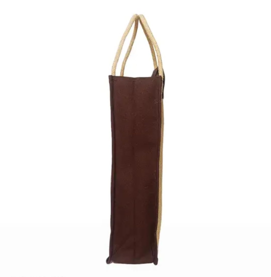 Jute Wine Bottle Bag with Warli Print, Rope Handle, Wooden Button Closure, Gift Tote