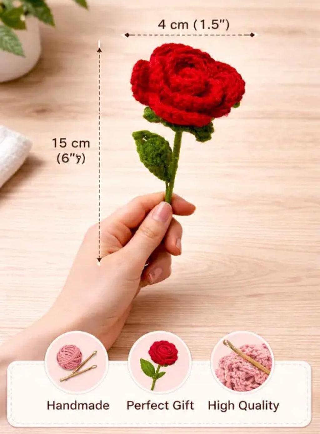 Handmade Crochet Red Rose, Single Stem with Green Leaves, Decorative Flower