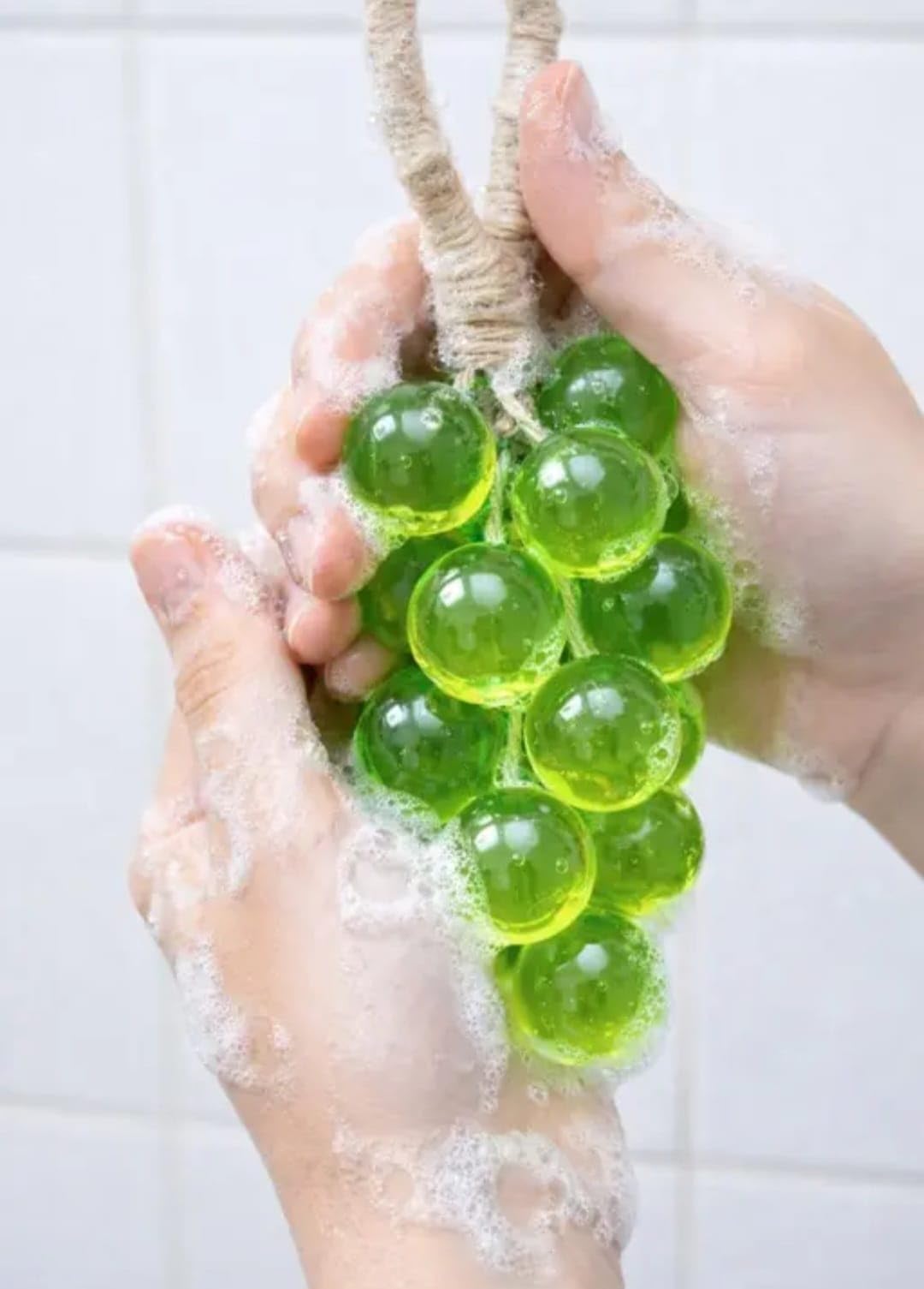 Grape Shaped Soap on Rope, Green, Decorative Bathroom Accessory, Natural Jute Cord