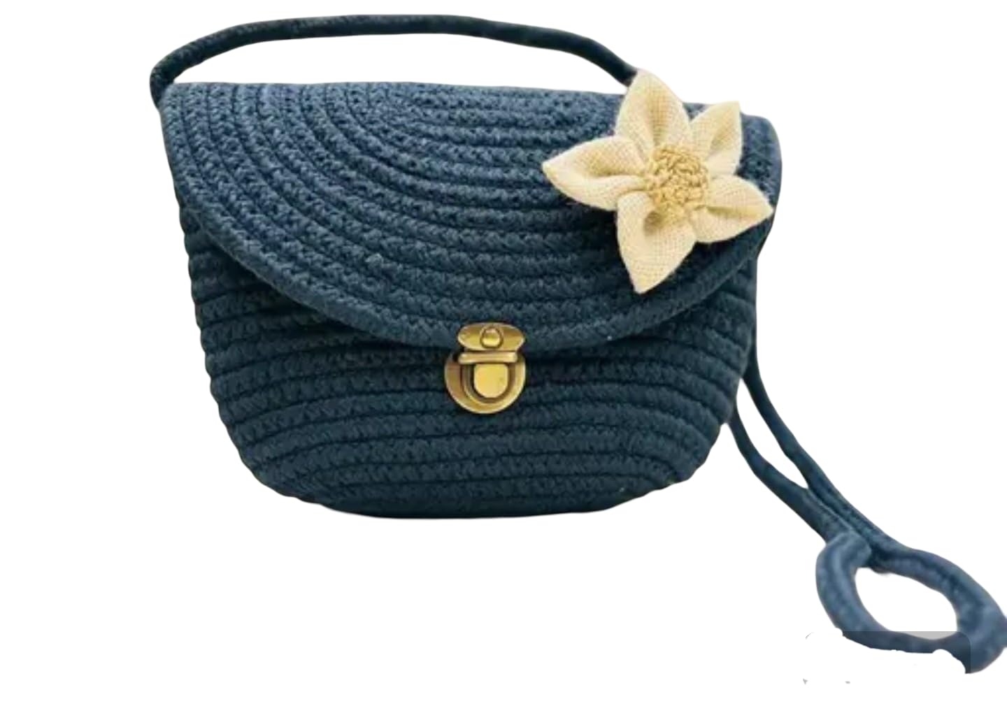 Handmade Crochet Crossbody Bag, Navy Blue with White Flower, Metal Clasp
