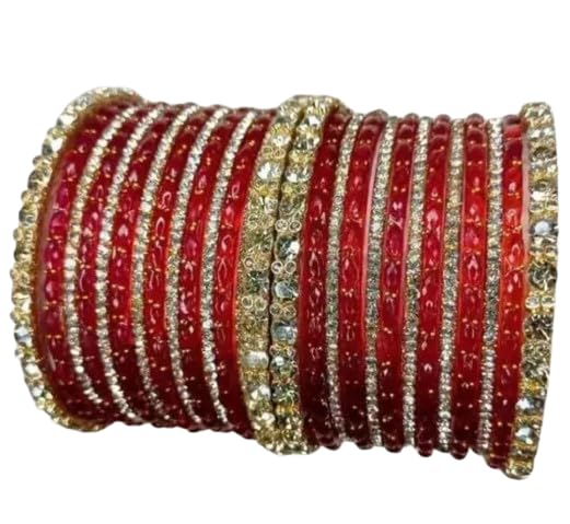 Red Bridal Bangles Set, Gold and Silver Stone Embellished, Traditional Indian Style