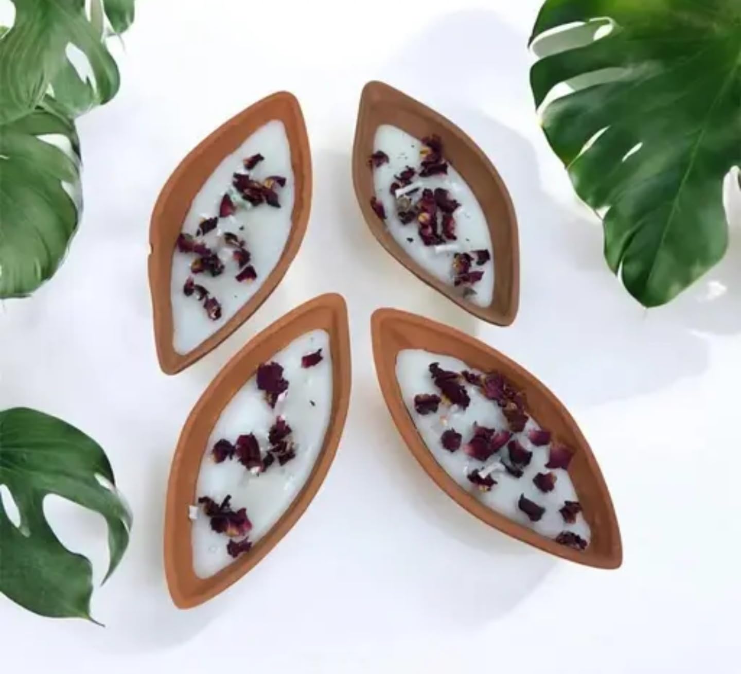 Decorative Soy Wax Candle, Leaf Shape with Dried Rose Petal, Terracotta, Set of 2