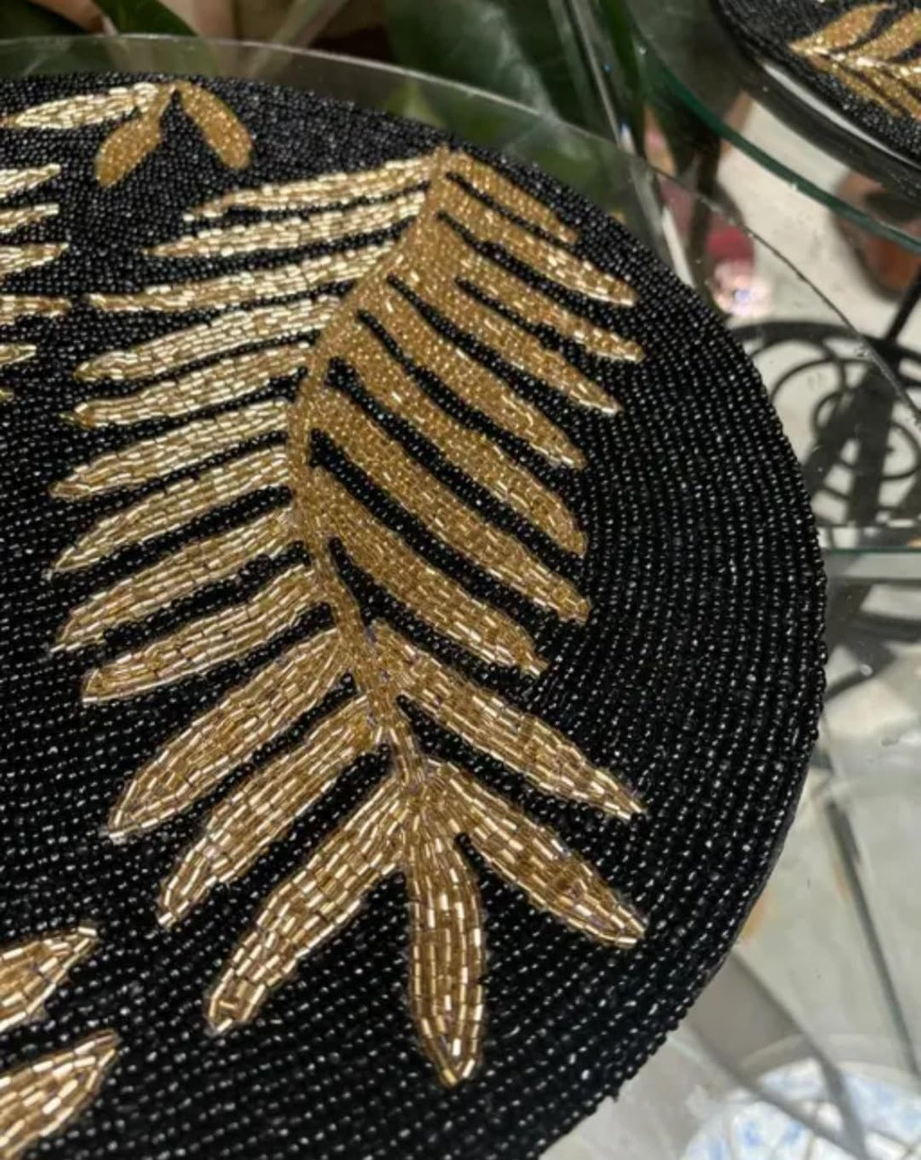 Beaded Round Placemat, Black and Gold, Leaf Design, Handcrafted Table Decor