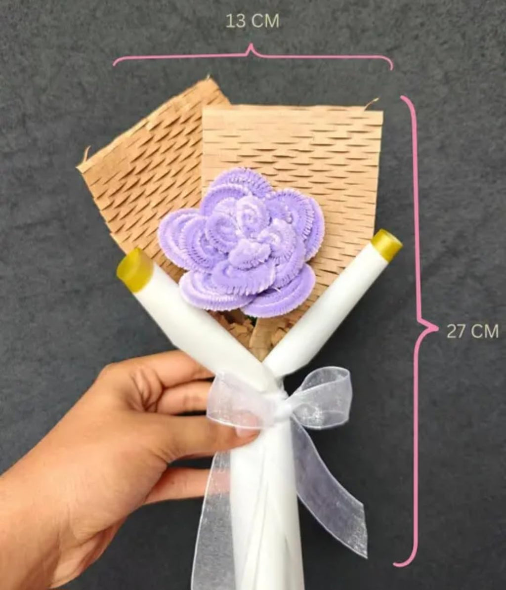 Decorative Flower Bouquet, Purple Lace Flower, Natural Wood Wrap, White Ribbon, Handmade Gift