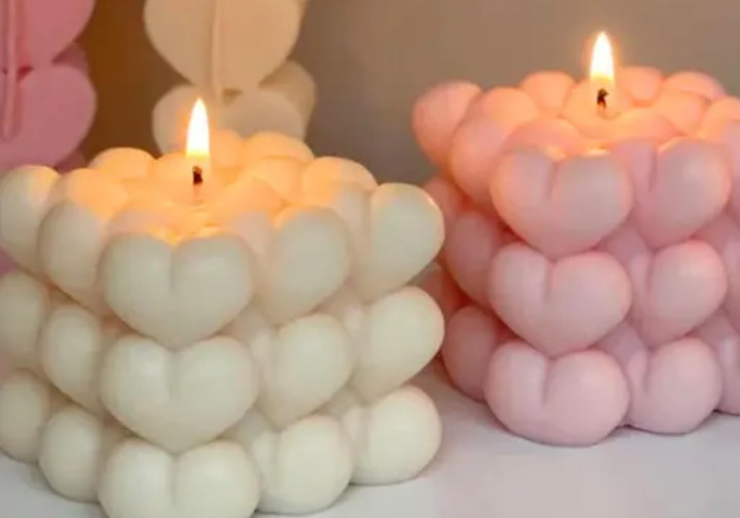 Decorative Heart-Shaped Bubble Candles, White and Pink, Set of 2
