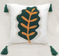 Embroidered Leaf Throw Pillow Cover, White with Green and Orange, Tassels, Botanical Style