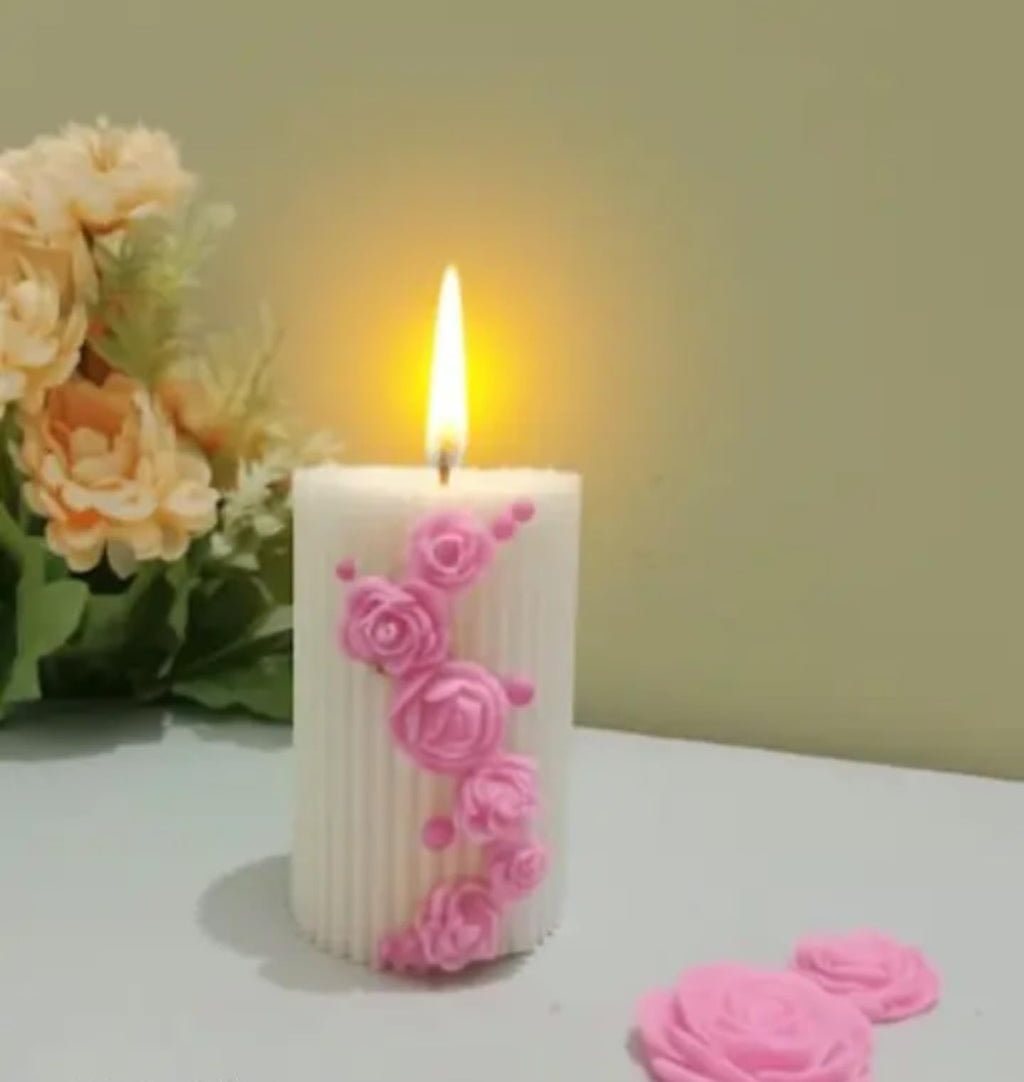 Decorative White Pillar Candle with Pink Rose Design, Handcrafted Floral Pattern, Romantic Home Decor, Scented Wax