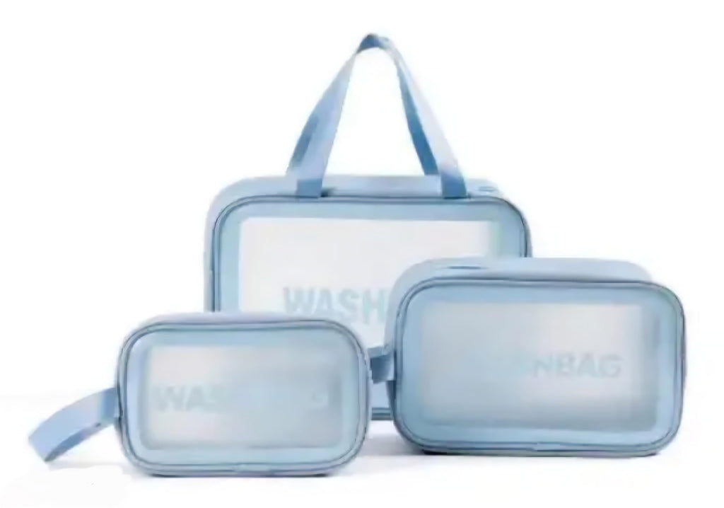 Clear Travel Toiletry Bag Set of 3, Blue, Transparent Window Wash Bags with Zipper and Handle