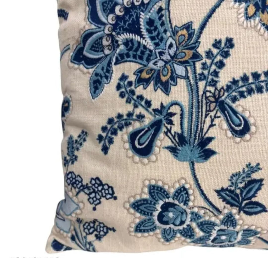 Decorative Throw Pillow Cover, Blue Floral Pattern on Beige, Jacobean Style, Home Decor Cushion Case