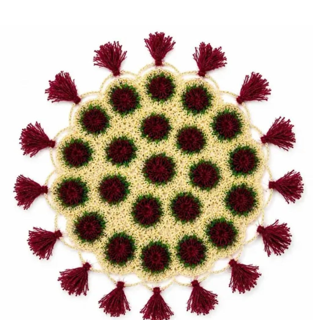 Handmade Crochet Pooja Thalposh, Floral Pattern with Tassels, Cream, Green, Maroon, 29-30 cm