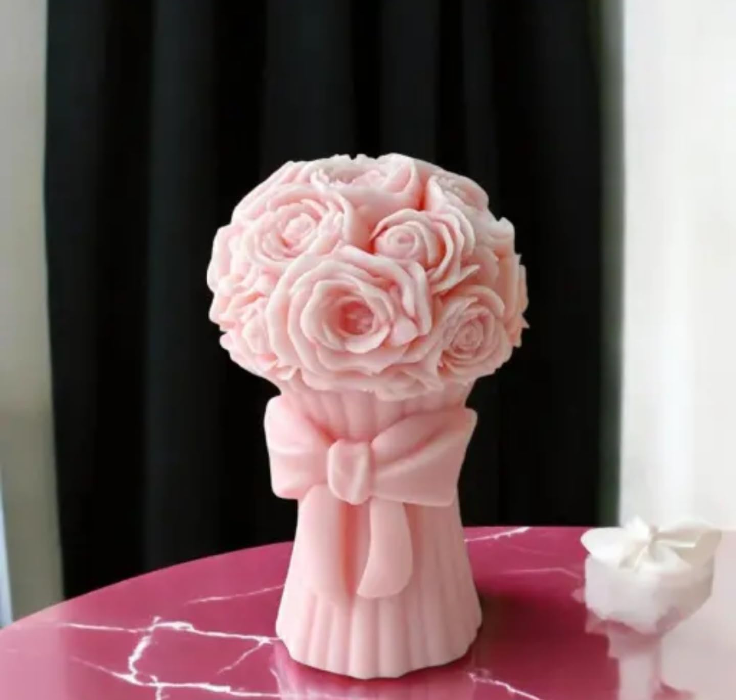 Decorative Pink Rose Bouquet Candle, Handcrafted Candle Bow Base, Wedding Party Home Decor