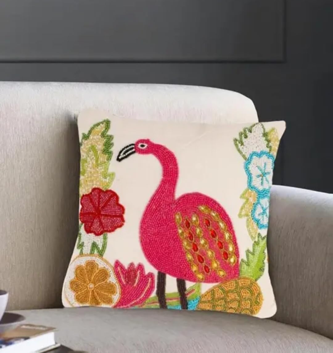 Beaded Flamingo Throw Pillow Cover, Tropical Floral Embroidered Cushion Cover, Colorful Bird Design, Cream