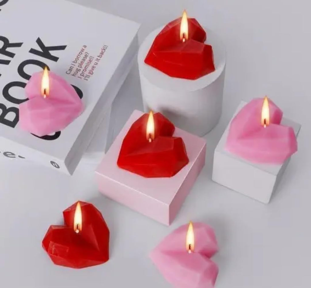 Geometric Heart Shaped Candles, Pink/Coral, Decorative Faceted Design, Romantic Theme