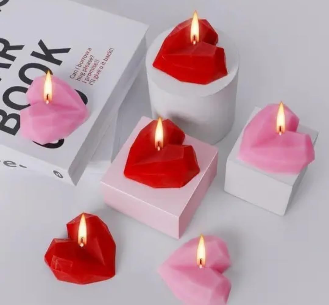 Geometric Heart Shaped Candles, Pink/Coral, Decorative Faceted Design, Romantic Theme