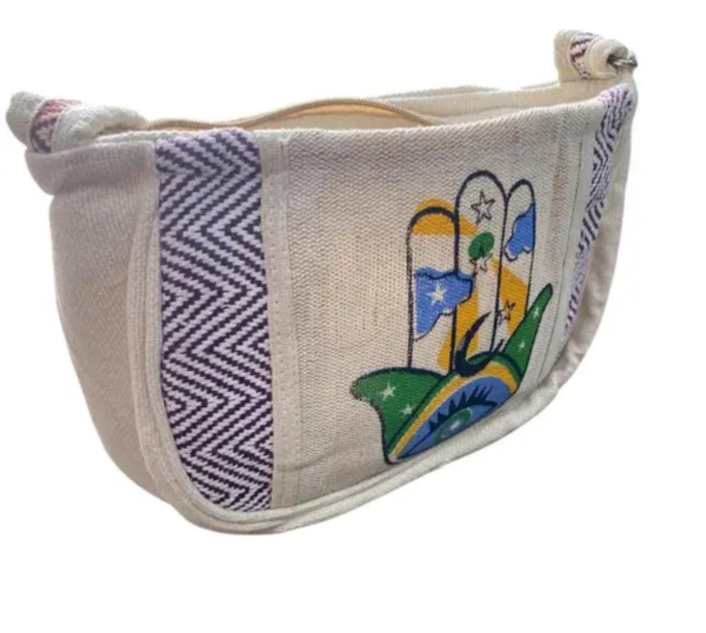 Hamsa Hand Canvas Crossbody Bag, Evil Eye Design, Chevron Pattern Sides, White and Blue