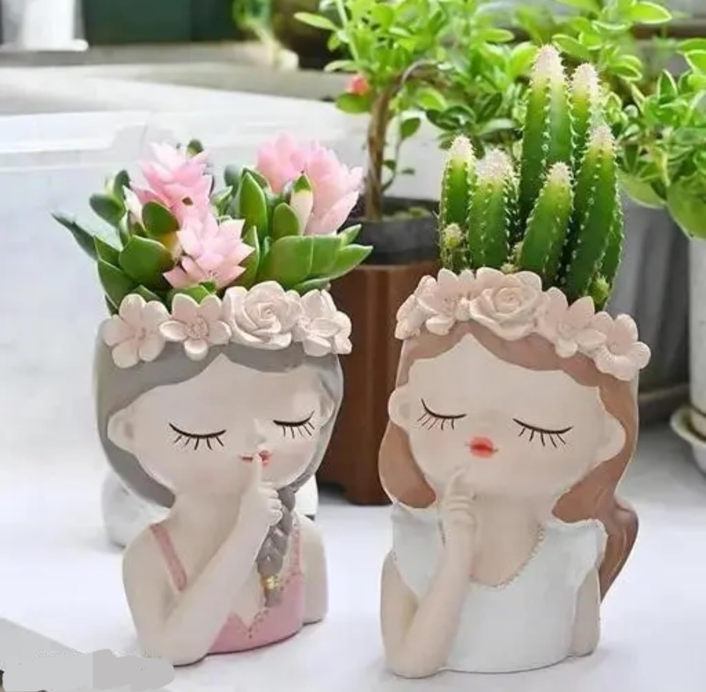 Decorative Succulent Planter Pots, White Ceramic Face Design with Floral Crown, Indoor Garden Containers for Small Plants, Set of 3