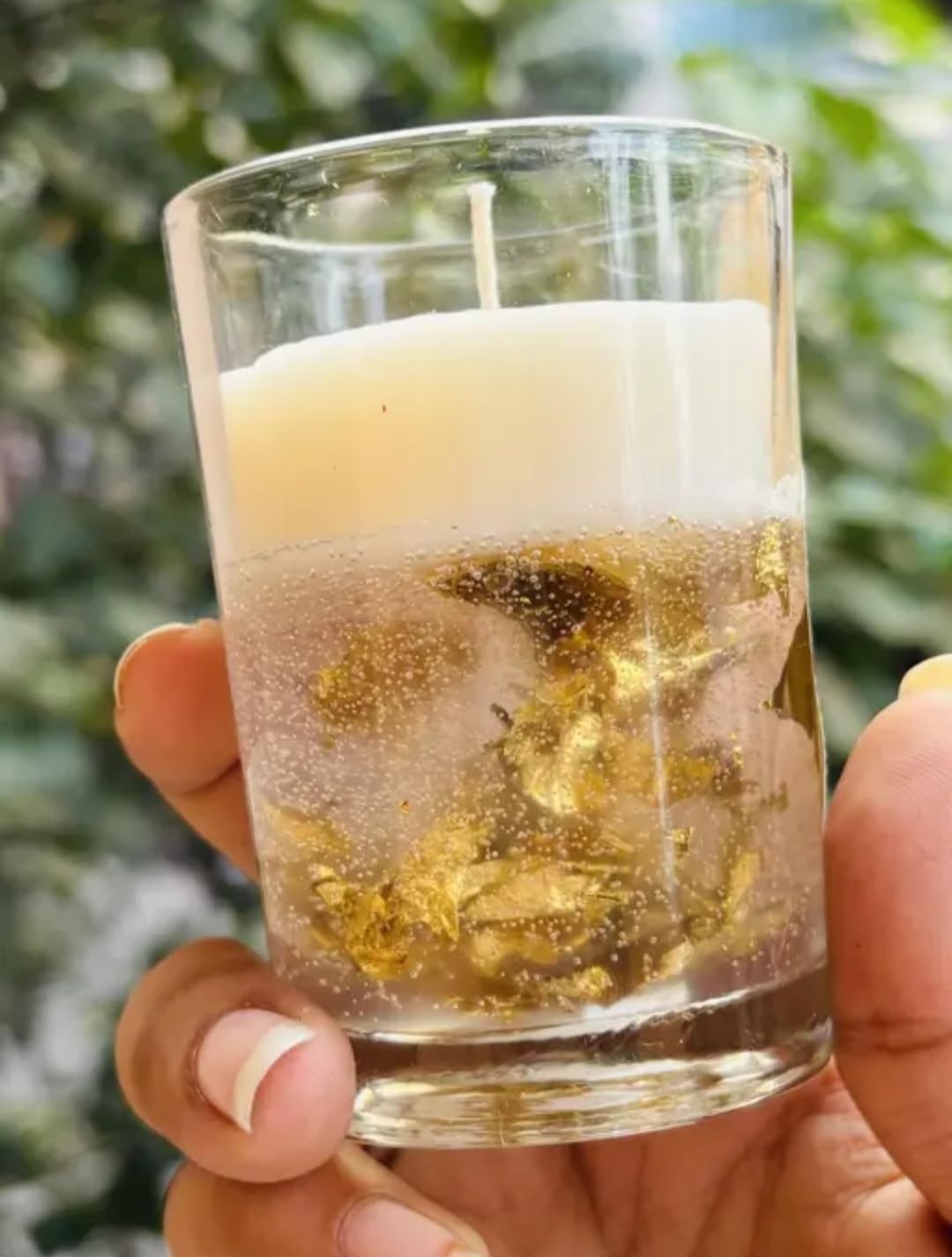 Gel Candle in Glass with Gold Foil Flakes, Clear Decorative Votive, Elegant Home Decor