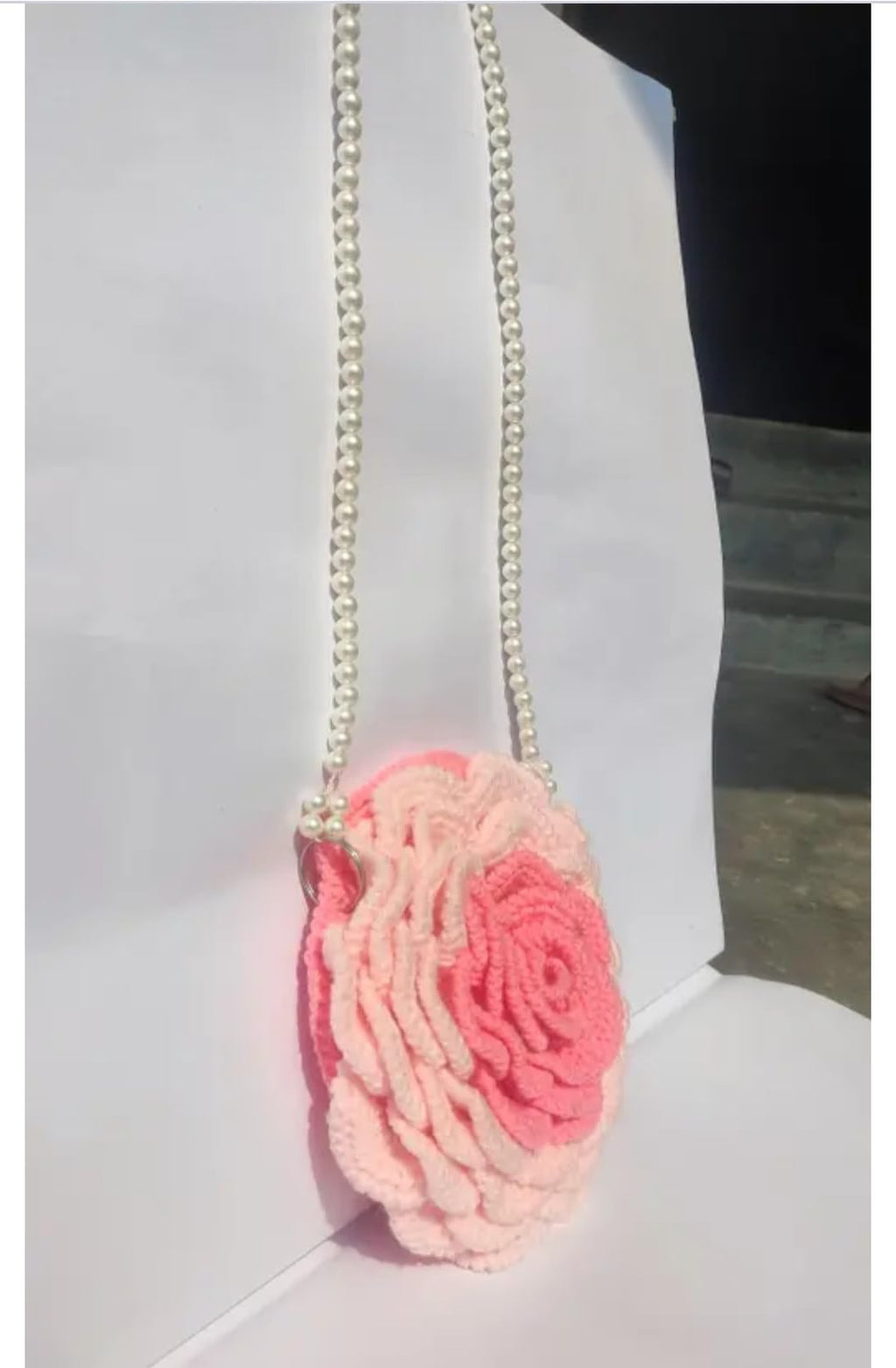 Crochet Rose Shaped Bag, Pink, Yarn, Pearl Chain Strap, Floral Clutch Purse