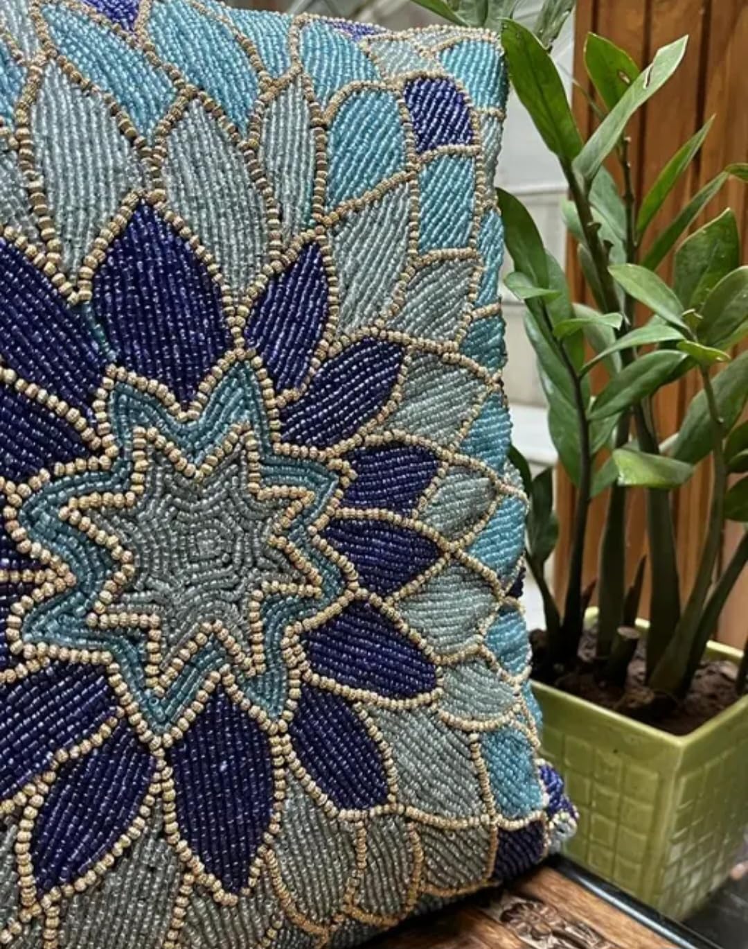 Beaded Handcrafted Throw Pillow Cover, Blue Floral Mandala Design, Decorative Cushion Cover for Sofa