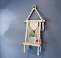 Macrame Wall Hanging Shelf, Decorative Boho Plant Holder with Wooden Display Shelf, Handwoven Cotton Rope