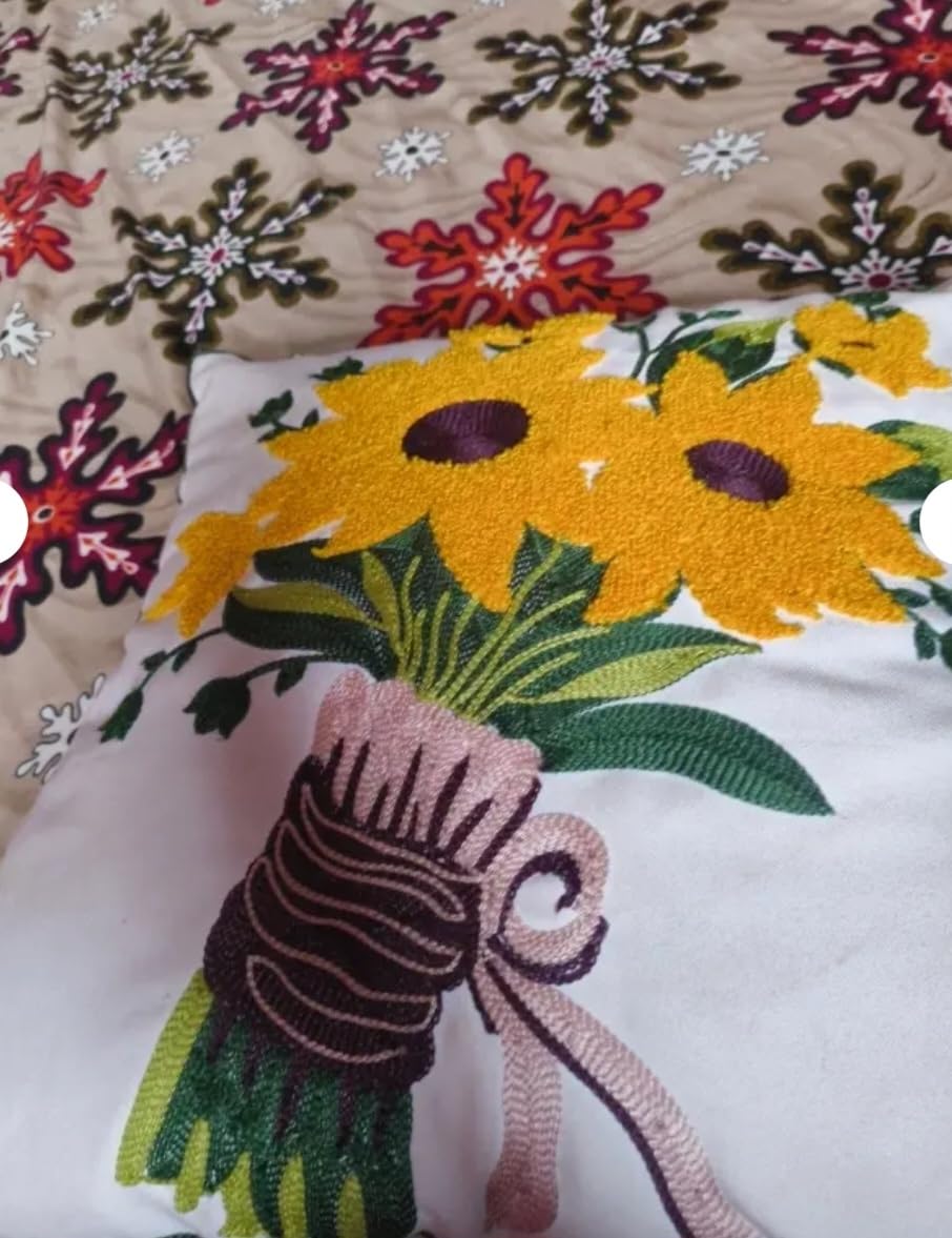 Sunflower Bouquet Embroidered Throw Pillow Covers, White, Floral, Set of 2