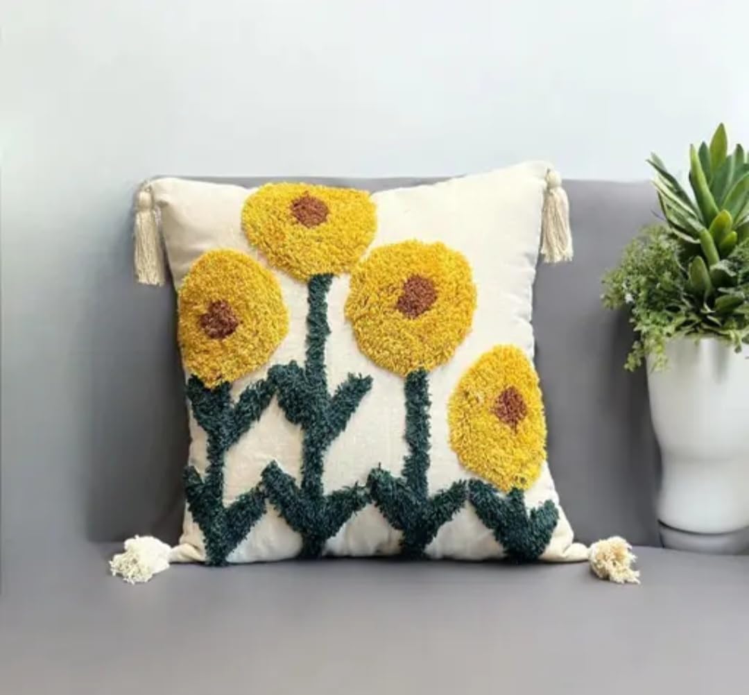 Sunflower Tufted Throw Pillow Cover, Cream, Boho Style with Tassels, Floral Embroidered Cushion Cover