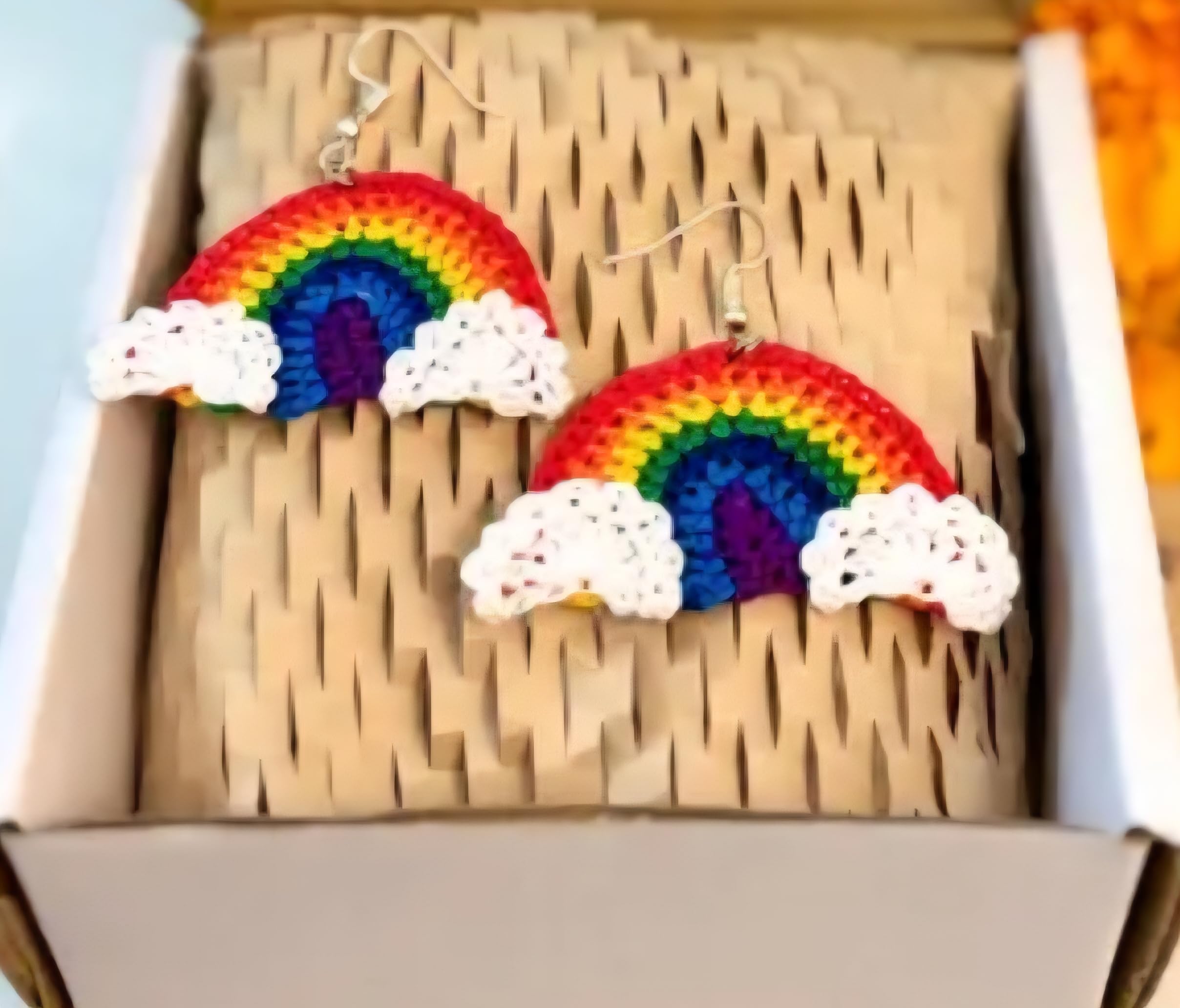 Handmade Rainbow Earrings with Clouds, Colorful Crochet Dangle Earrings, LGBTQ Pride Jewelry