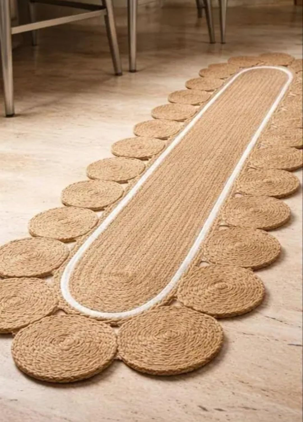 Braided Jute Runner Rug, Natural Tan, Oval Shape, Circular Medallion Border, Boho Style, Handwoven