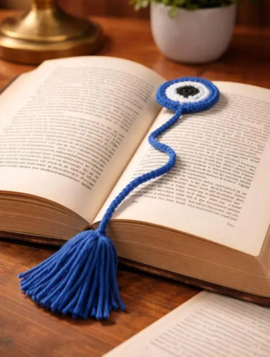 Crochet Evil Eye Bookmark with Tassel, Blue, Handmade, Set of 2