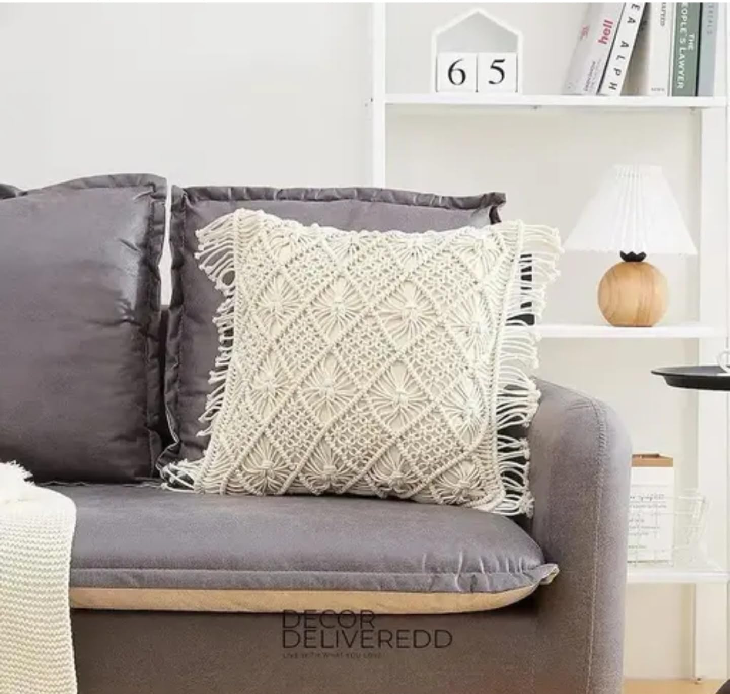 Macramé Decorative Throw Pillow Cover, Cream White, Boho Fringe Design, Square