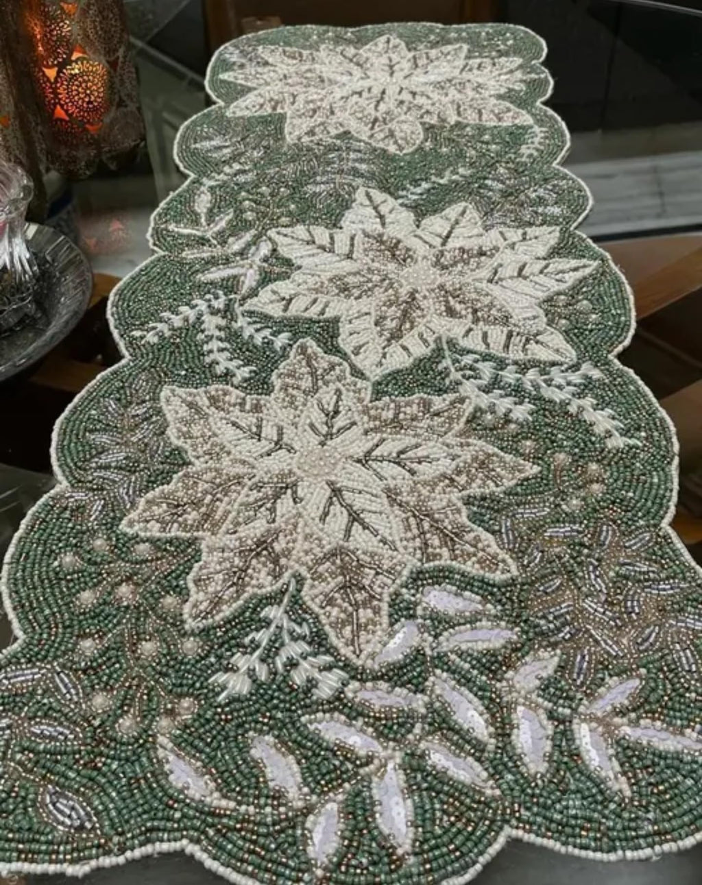 Beaded Table Runner, Green and White Snowflake Pattern, Scalloped Edge, Winter Holiday Decor
