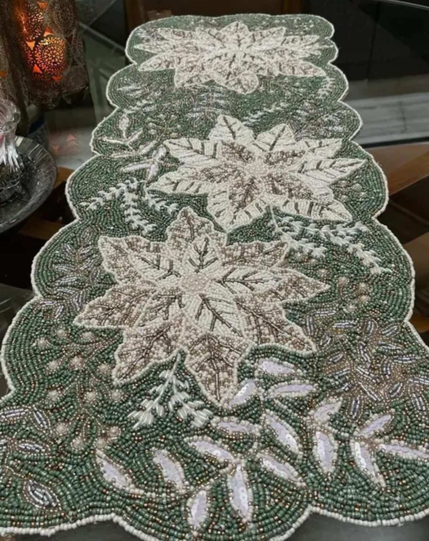 Beaded Table Runner, Green and White Snowflake Pattern, Scalloped Edge, Winter Holiday Decor