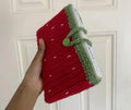 Crochet Strawberry Book Sleeve, Red and Green, Handmade Knit Cover with Button Closure