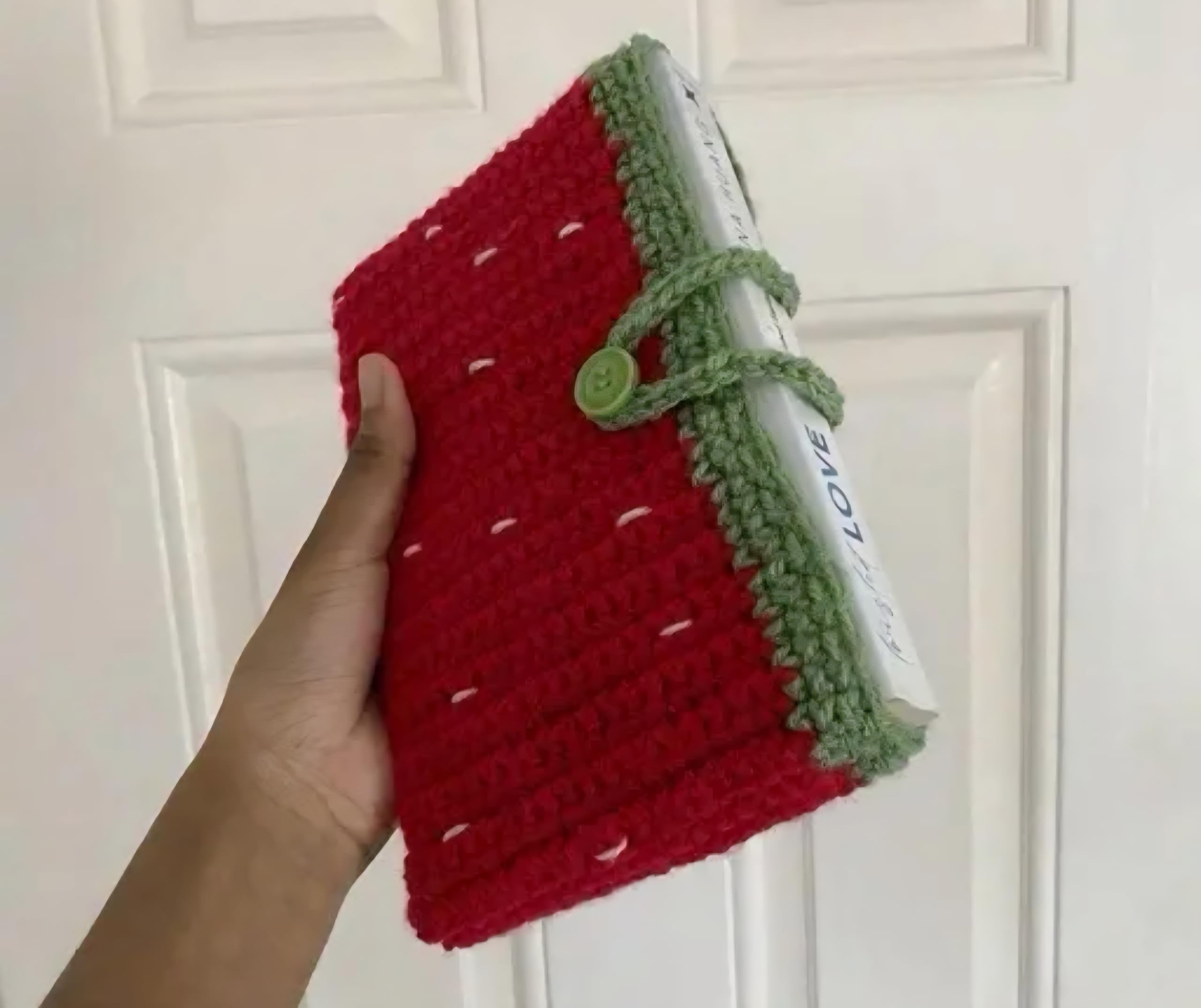 Crochet Strawberry Book Sleeve, Red and Green, Handmade Knit Cover with Button Closure