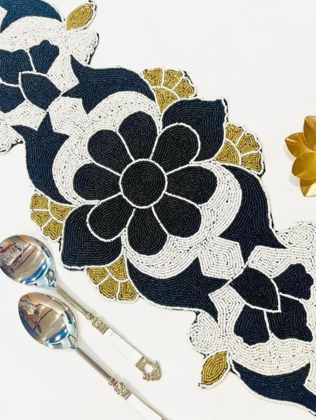 Beaded Table Runner, Black and White Floral Design with Gold Accents, Decorative Centerpiece