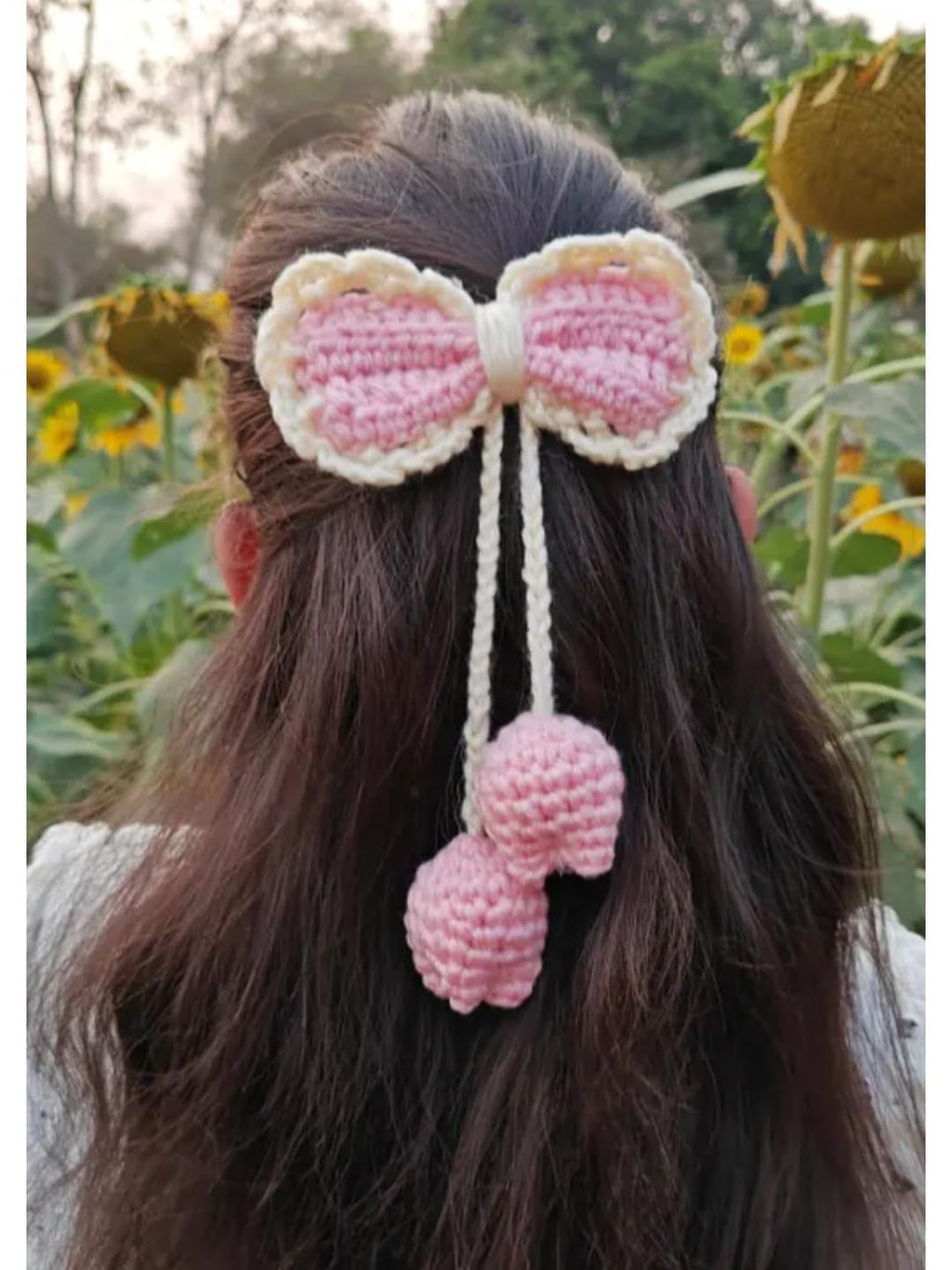 Handmade Crochet Bow Hair Clip with Pom Pom Tassels, Pink, Girls Hair Accessory