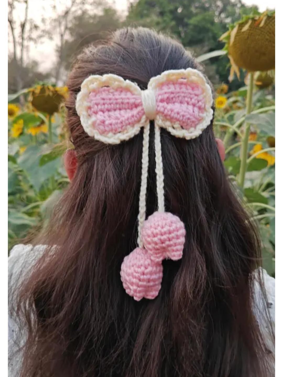 Handmade Crochet Bow Hair Clip with Pom Pom Tassels, Pink, Girls Hair Accessory