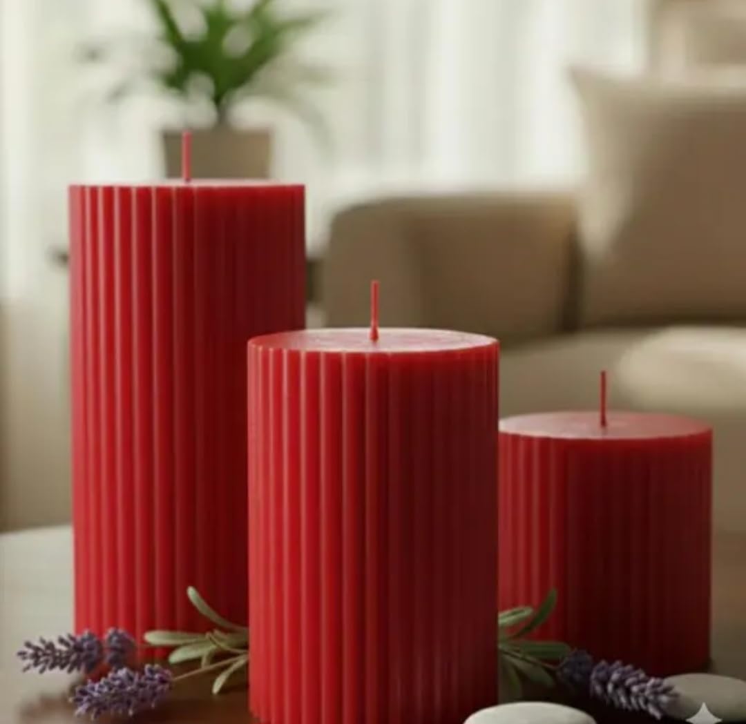 Ribbed Pillar Candles, Red, Set of 3, Decorative Home Decor, Unscented