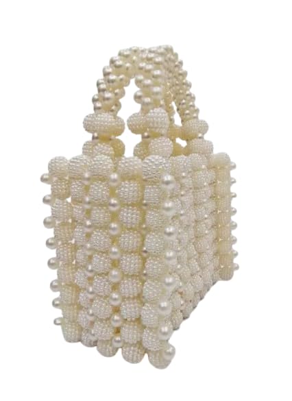 Pearl Beaded Tote Handbag, White, Handcrafted Floral Cluster Design, Top Handle Bag for Women
