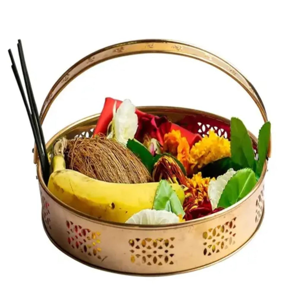 Decorative Metal Basket with Handle, Gold Filigree Design, Traditional Style Floral Container for Fresh Flowers and Arrangements